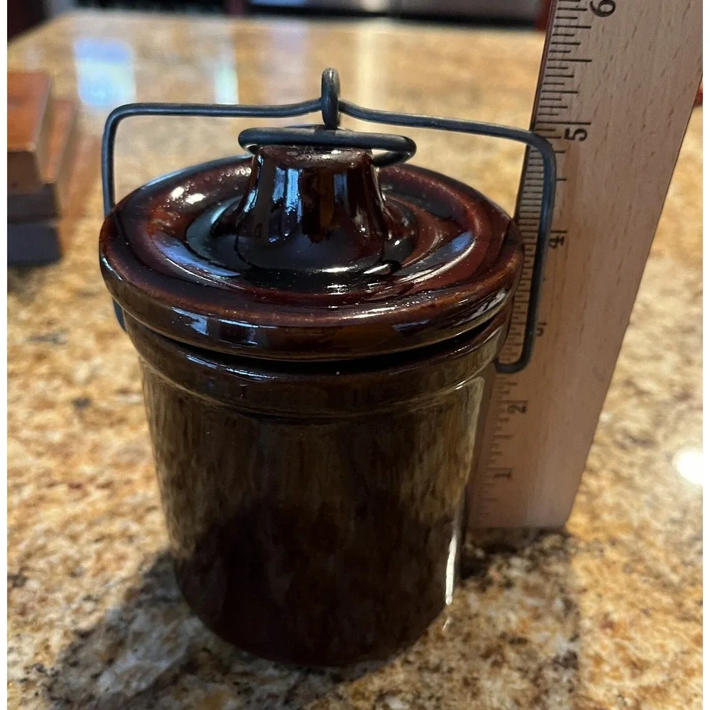 VTG Stoneware Brown Glazed Butter/Cheese Crock with Rubber Gasket & Bail Latch